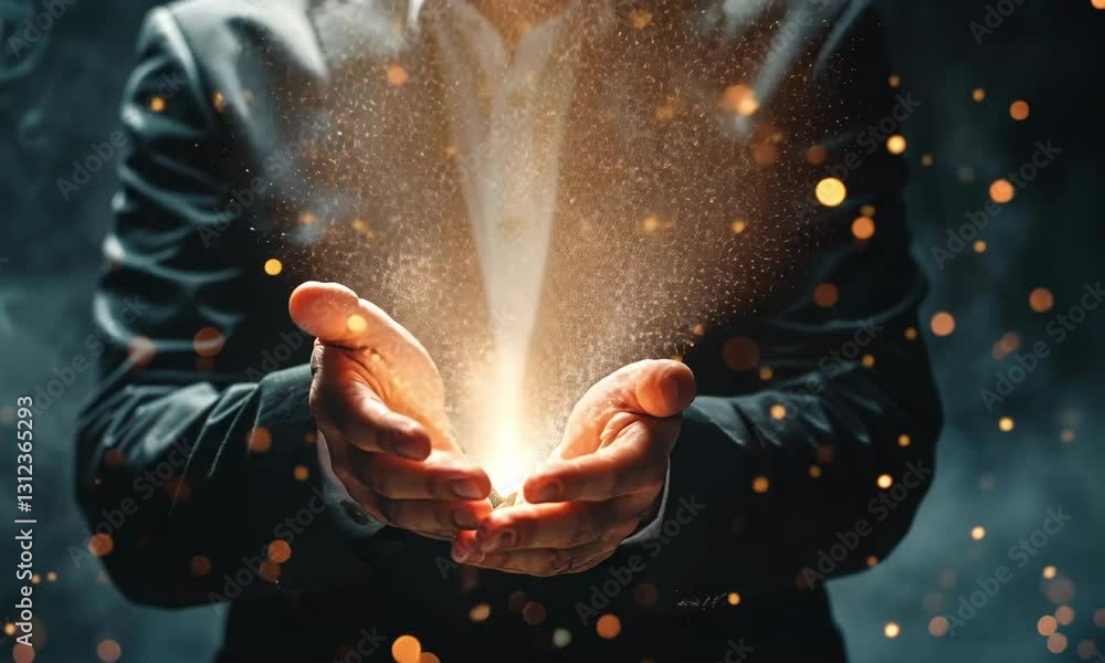 Aufkleber hands create magic with glowing light in a dark atmosphere during an artistic performance