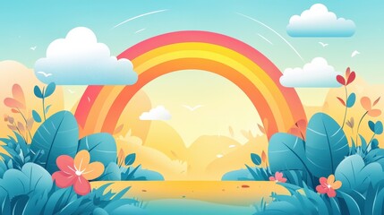 Bright Rainbow Arcing Across a Clear Sky Surrounded by Lush Greenery and Colorful Flowers in a Peaceful Landscape Scene