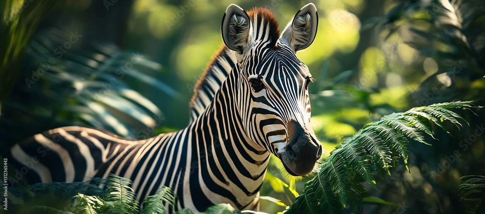 Poster zebra relaxing in a tropical habitat surrounded by ferns with soft sunlight illuminating its stripes