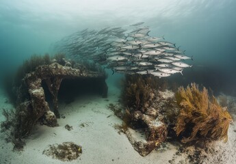 Obraz premium Underwater Scene Featuring School of Fish Swimming Around Coral Reef and Sunken Structure in Clear Ocean Water with Marine Life