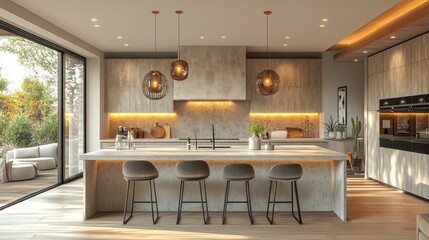 A modern kitchen interior design featuring an open outdoor view