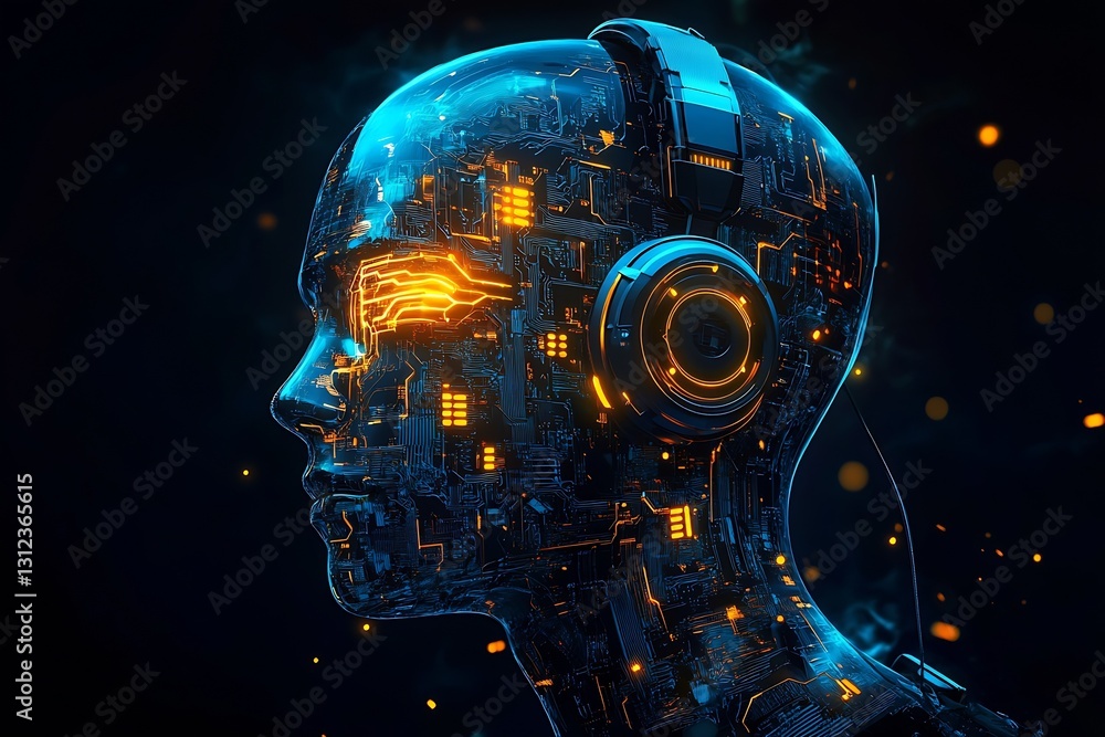 Poster innovative digital head design showcasing glowing circuits and headphones merging art with technolog