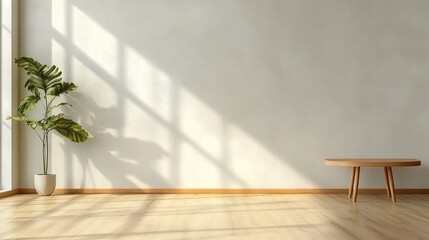 Minimalist Interior Design: Sunlight Streaming Through Window Illuminating Empty Room with Plant and Wooden Table
