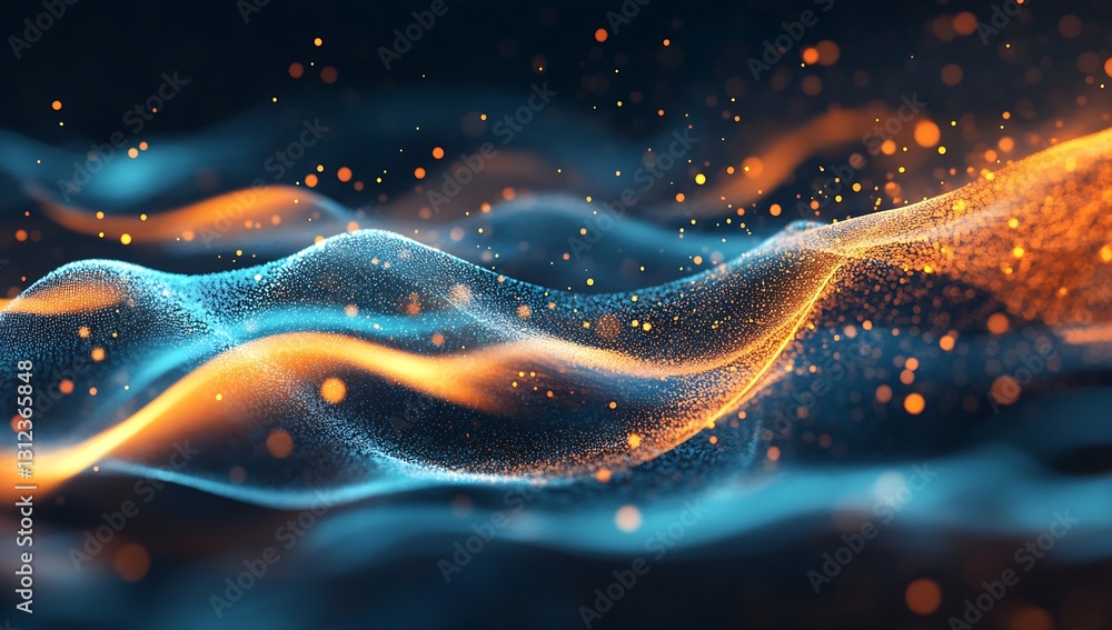 Poster Dynamic blue and orange flowing wave designs with sparkling particles in a digital environment : Generative AI