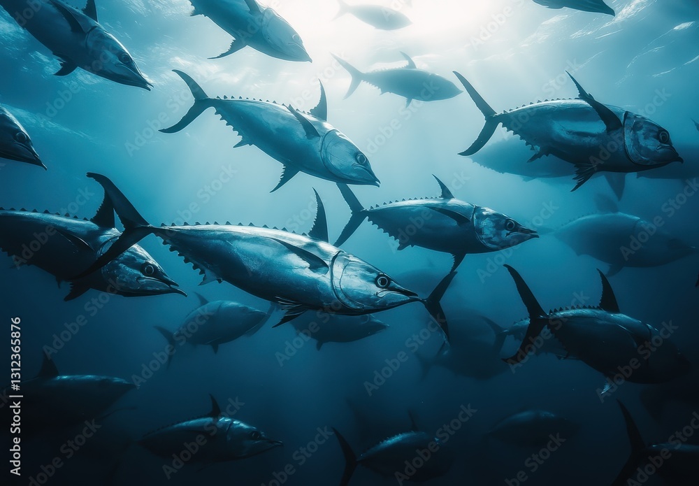 Poster underwater scene featuring schools of tuna swimming through sunlit ocean waters with beautiful light