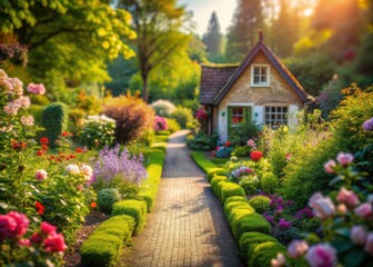 Fototapeta premium Tilt-Shift Garden Path to Charming Cottage - Miniature Fairy Tale House, Flower Garden, Serene Landscape
