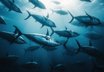 Fototapeta premium Underwater Scene Featuring Schools of Tuna Swimming Through Sunlit Ocean Waters with Beautiful Light Rays Filtering Through and Creating a Serene Ambiance
