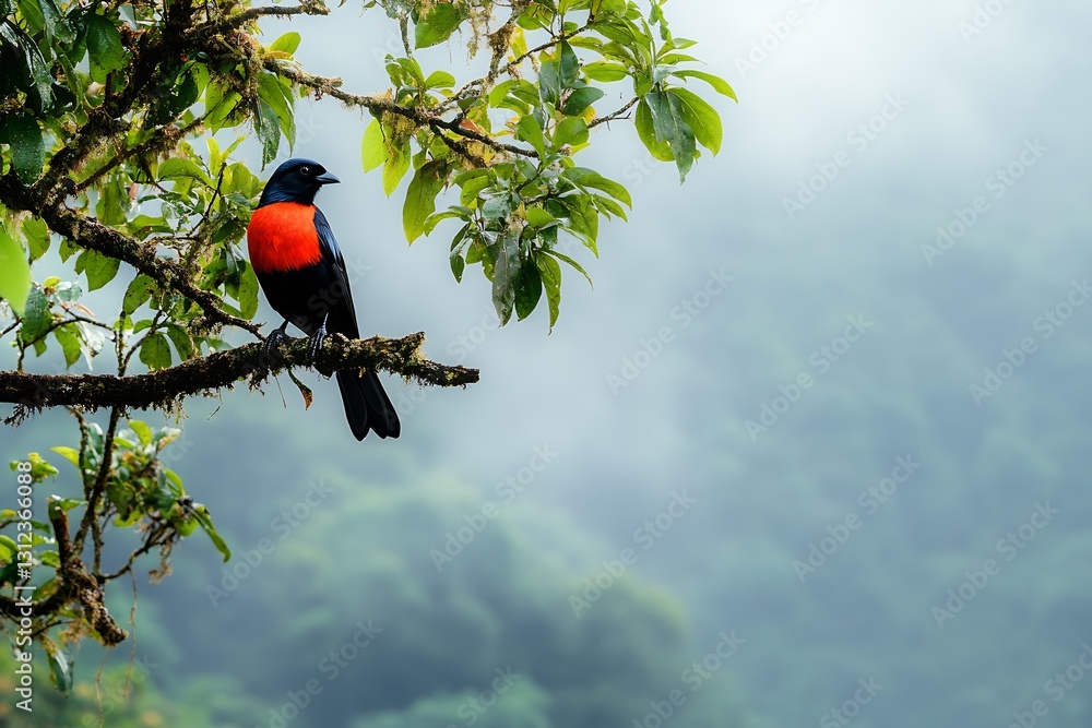 Poster Stunning black and red bird standing on a tree branch in a misty forest environment : Generative AI