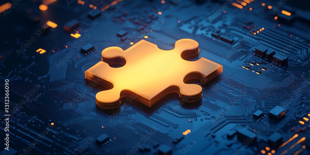 Poster sleek illuminated puzzle piece resting on a blue circuit board representing innovation and modern te