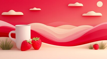 Still life cup by strawberries; soft hills, clouds; scene use for backdrop/mockup