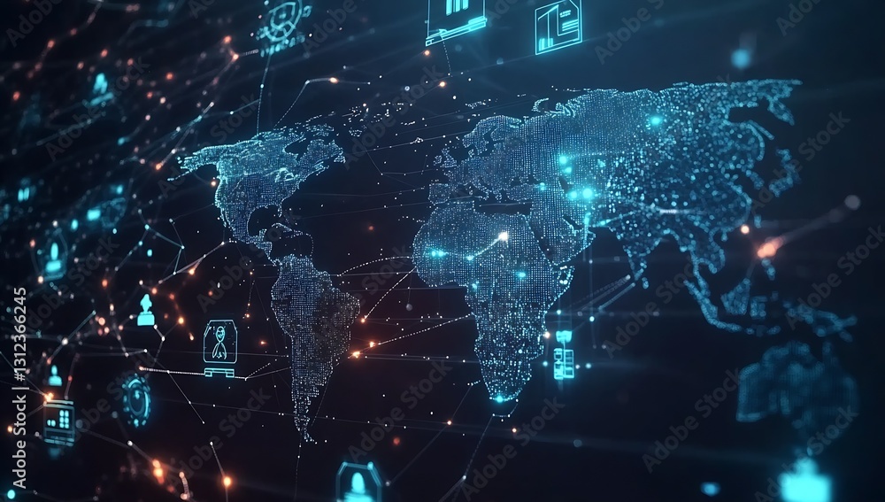 Poster Intricate digital world map featuring illuminated icons showcasing global networks and the interconnected world of technology : Generative AI