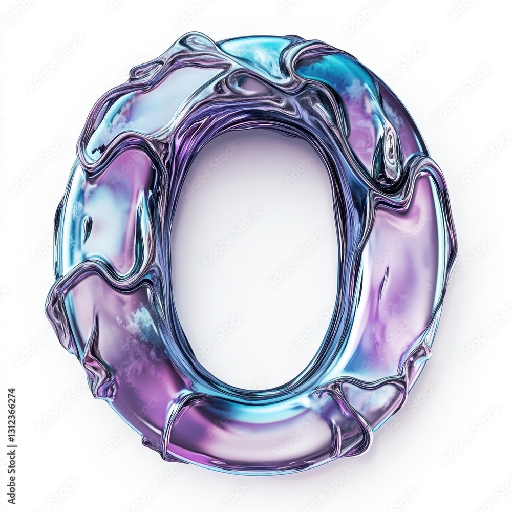 Poster iridescent number zero with a fluid, glossy texture