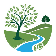 A green river and tree with leaves in the background logo vector illustration