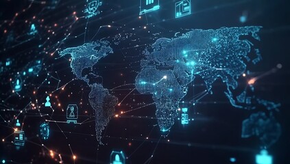 Obraz premium Intricate digital world map featuring illuminated icons showcasing global networks and the interconnected world of technology : Generative AI