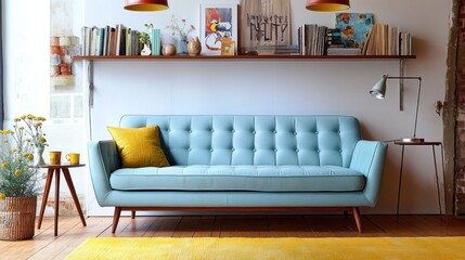 A stylish living room scene featuring a comfortable blue sofa