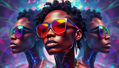 Bold futuristic portrait of a stylish Black woman wearing oversized sunglasses with vibrant reflections, neon lighting, and a cyberpunk aesthetic. High-fashion, digital art, and modern beauty.