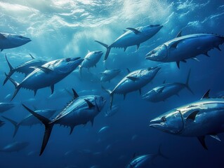 Naklejka premium Underwater Scene of a School of Bluefin Tuna Swimming Gracefully in a Crystal Clear Ocean Environment with Sunlight Filtering Through the Water Surface