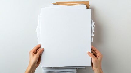 Hands hold a stack of blank white papers against a white background. Top view photography