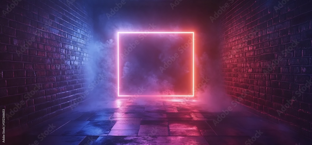 Poster stunning neon light square in a foggy alley showcasing vibrant colors and atmospheric depth : genera
