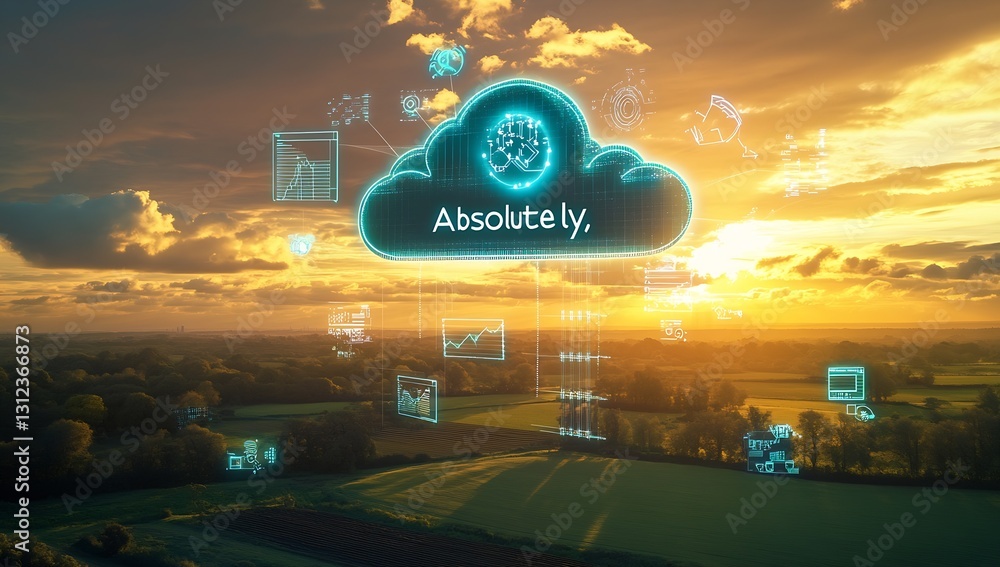 Aufkleber futuristic cloud concept featuring analytics symbols against a vibrant sunset over lush fields : gen