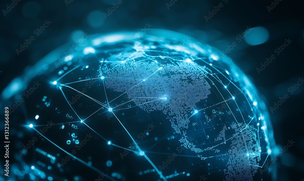 Aufkleber Close-up view of a global digital map highlighting network connections and data structures in vibrant blue hues : Generative AI