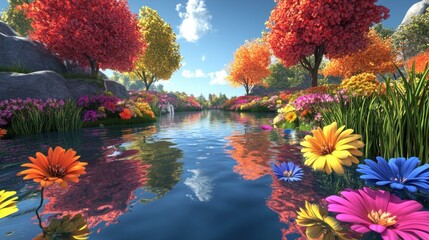 A colorful scene of a river and vibrant blooming flowers