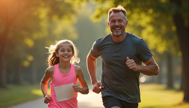 Father and daughter running together along tree alley in the park. Smiling man with child girl runs happy marathon event. Sport family, healthy lifestyle, jogging outdoors.