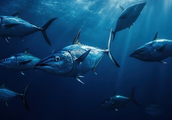 Fototapeta premium Underwater Scene of Bluefin Tuna Swimming in Deep Ocean with Sunlight Beaming Through Water Surface, Capturing Marine Life in Vibrant Colors