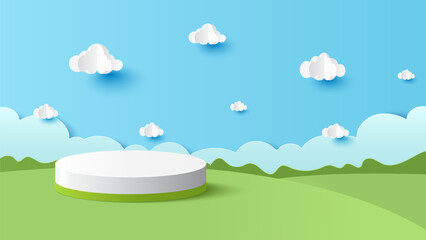 Obraz premium Podium cylinder for product display presentation. Park scenery with mountain and cloud sky on a sunny day for online shop,discount promotion