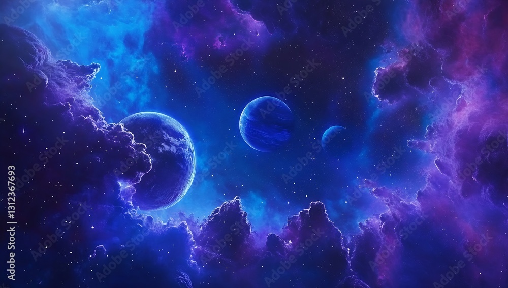 Fototapete Vivid and colorful cosmic scene featuring three planets amidst swirling space clouds and a starry night background : Generative AI