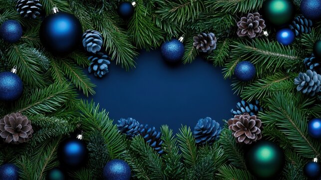 Elegant Blue Christmas Wreath: Festive Decor with Pine Branches, Ornaments, and Cones