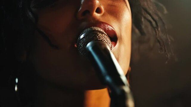 A woman is singing into a microphone. She has red lipstick on her lips