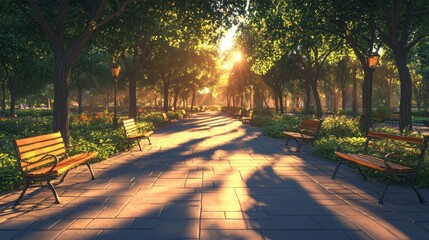 A sunlit park pathway with benches and lush green trees