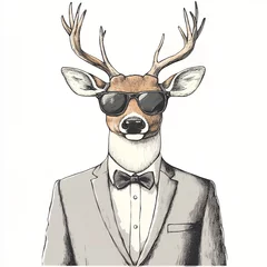 Fotobehang Stylish Deer in Suit and Sunglasses Hand Drawn Animal Illustration © A STUDIO