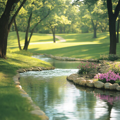 Naklejka premium a photograph of an elegant garden with a small, clear stream flowing through it,