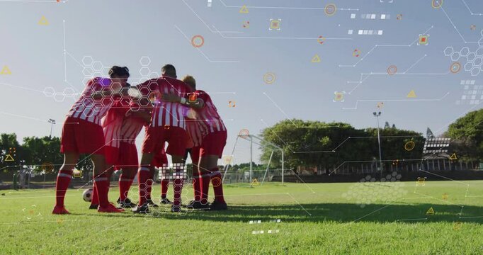 Soccer team huddling on field with digital data processing animation overlay - Powered by Adobe