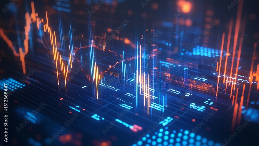 Aufkleber Dynamic abstract financial data visualization with vibrant blue and orange color scheme and digital elements : Generative AI