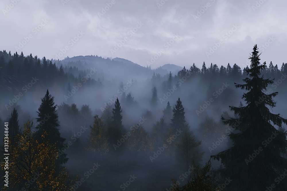 Poster misty autumn forest landscape featuring vibrant colors and tall trees shrouded in fog : generative a