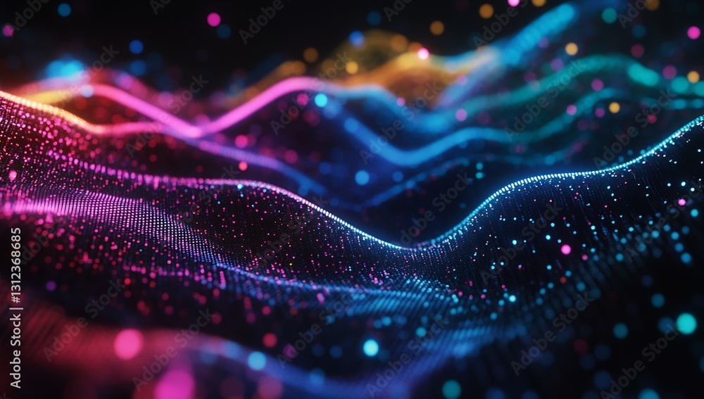 Poster Vibrant flowing waves illuminated by colorful particles in a mesmerizing digital landscape creation : Generative AI