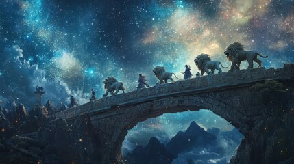 Magical bridge with lions and cloaked figures under a starry celestial sky