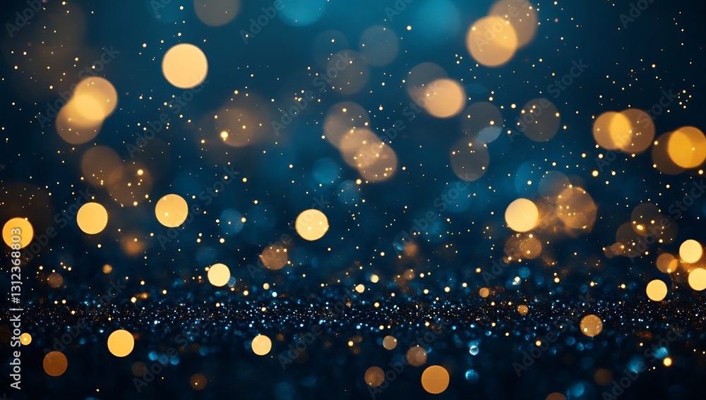 Poster Dazzling display of sparkling golden particles creating a stunning bokeh effect on a deep blue background : Generative AI
