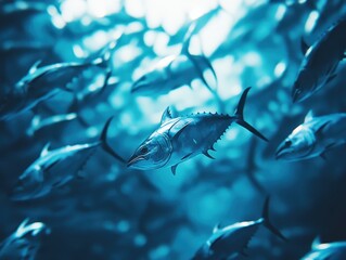 Fototapeta premium Underwater Scene of Schools of Fish Swimming in Clear Blue Ocean Water, Captivating Marine Life Displaying Graceful Movements and Natural Habitat