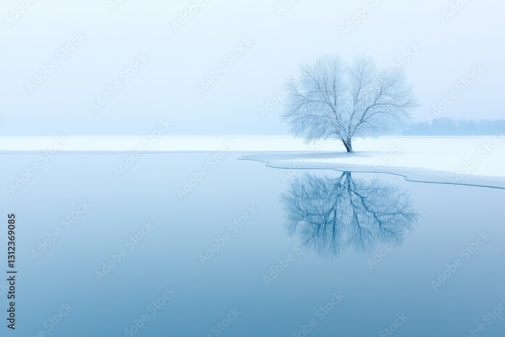 Poster tranquil scene of frozen tree reflected in still water symmetry creating mesmerizing effect