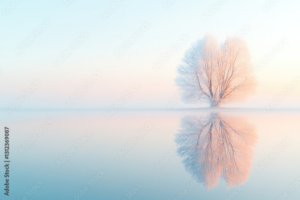 Poster tranquil scene of frozen tree reflected in still water symmetry creating mesmerizing effect