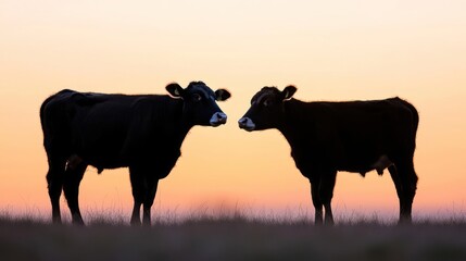 Two Black Cows Silhouetted Against a Warm Sunset Sky