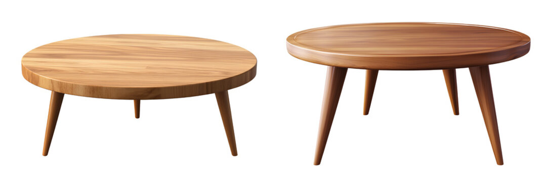 Modern round wooden coffee table with three legs, isolated on a transparent background