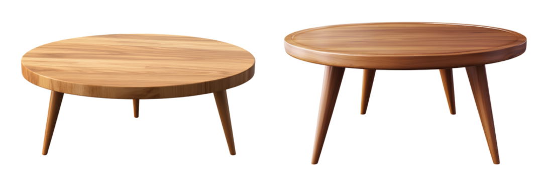 Modern round wooden coffee table with three legs, isolated on a transparent background