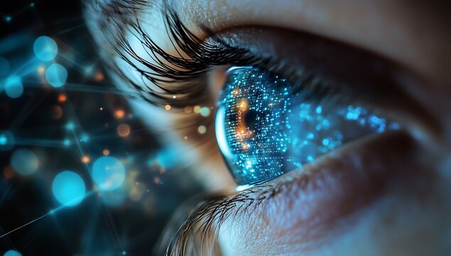Close-Up of an Eye with Digital Effects and Blue Light Effects for Focus and Clarity : Generative AI