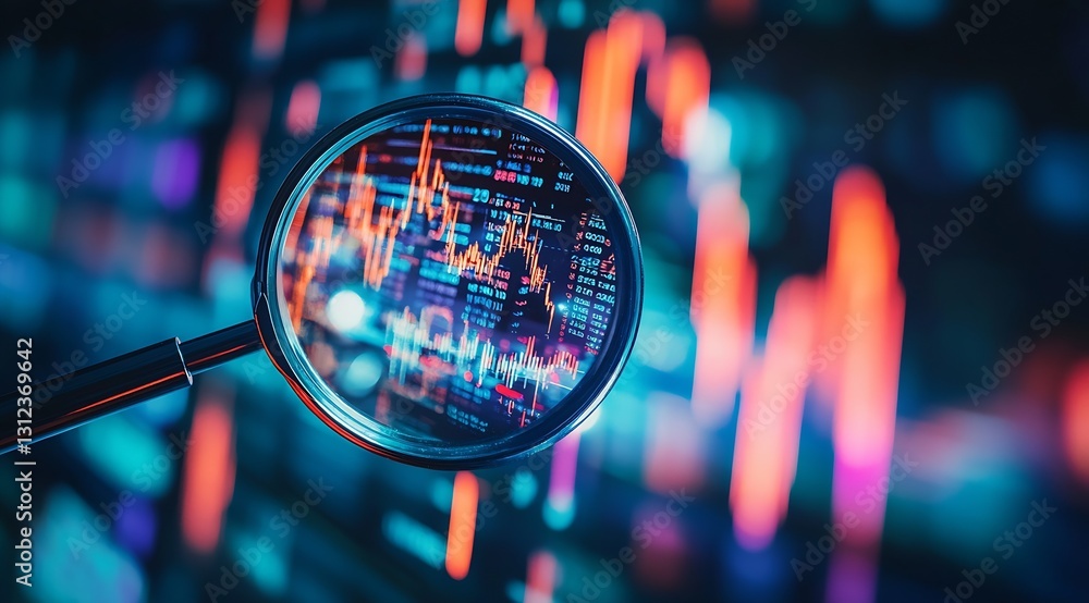 Poster closeup of magnifying glass highlighting dynamic financial market graphics on vibrant screens : gene