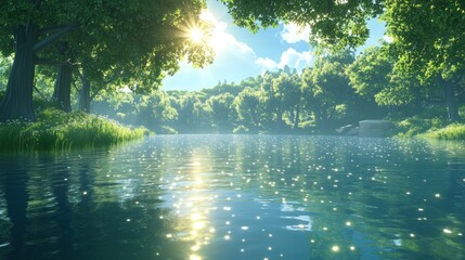 Fototapeta premium A serene sunny day showing a beautiful lake surrounded by trees